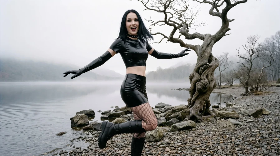 Elin in black latex by the misty lake, AI-generated fashion visual 3