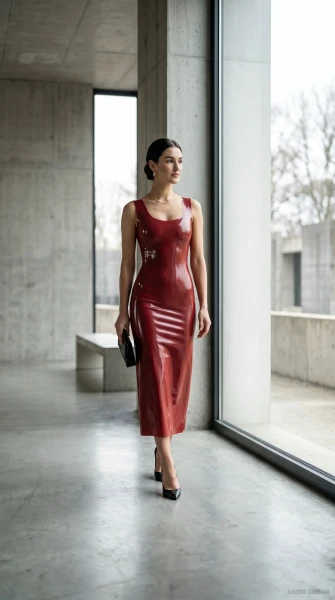 Noa in deep red latex concrete, AI-generated fashion visual 10